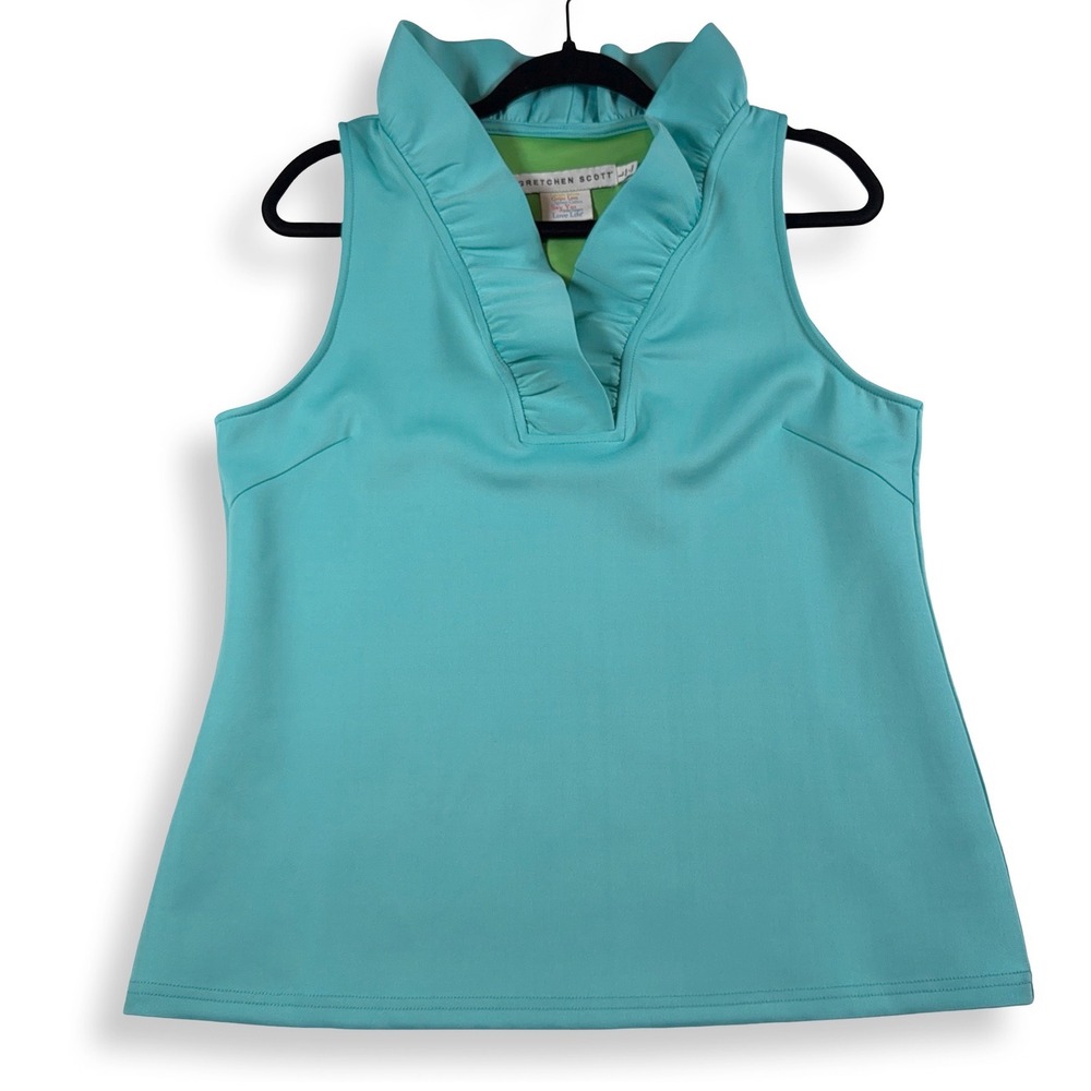 Gretchen Scott Turquoise Teal Ruffle Collar Sleeveless Stretch Top Women's Large